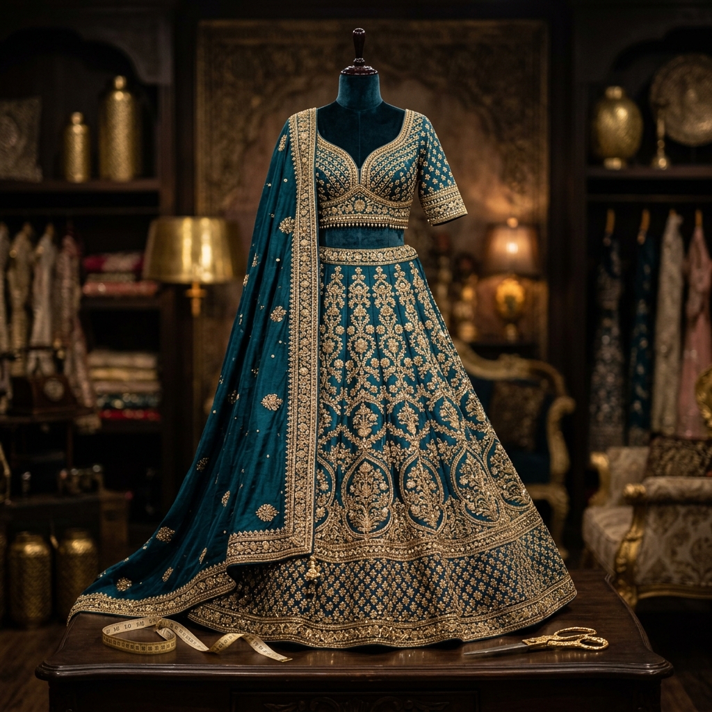 Premium fashion designer boutique studio with elegant bridal wear and silk fabrics